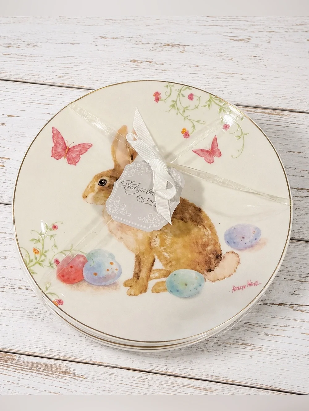 Kathryn White Easter Bunny Porcelain Plates Set of 4 NWT 6” Spring